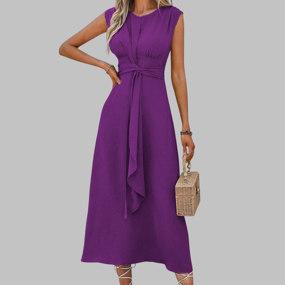 Women’s Crepe Midi Dress – Sophisticated Sleeveless Round Neck Tie Waist Belted Dress