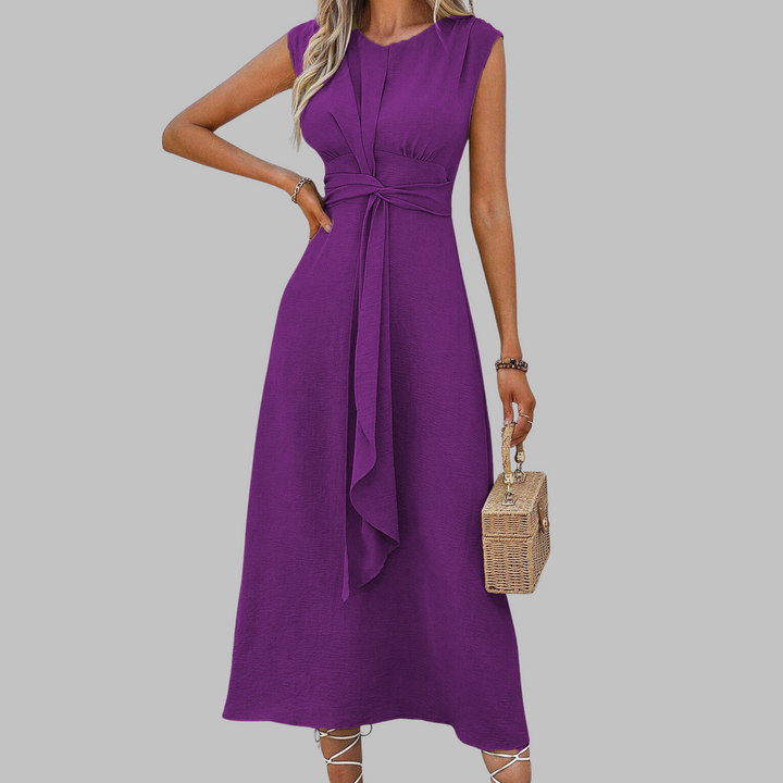 Women’s Crepe Midi Dress – Sophisticated Sleeveless Round Neck Tie Waist Belted Dress