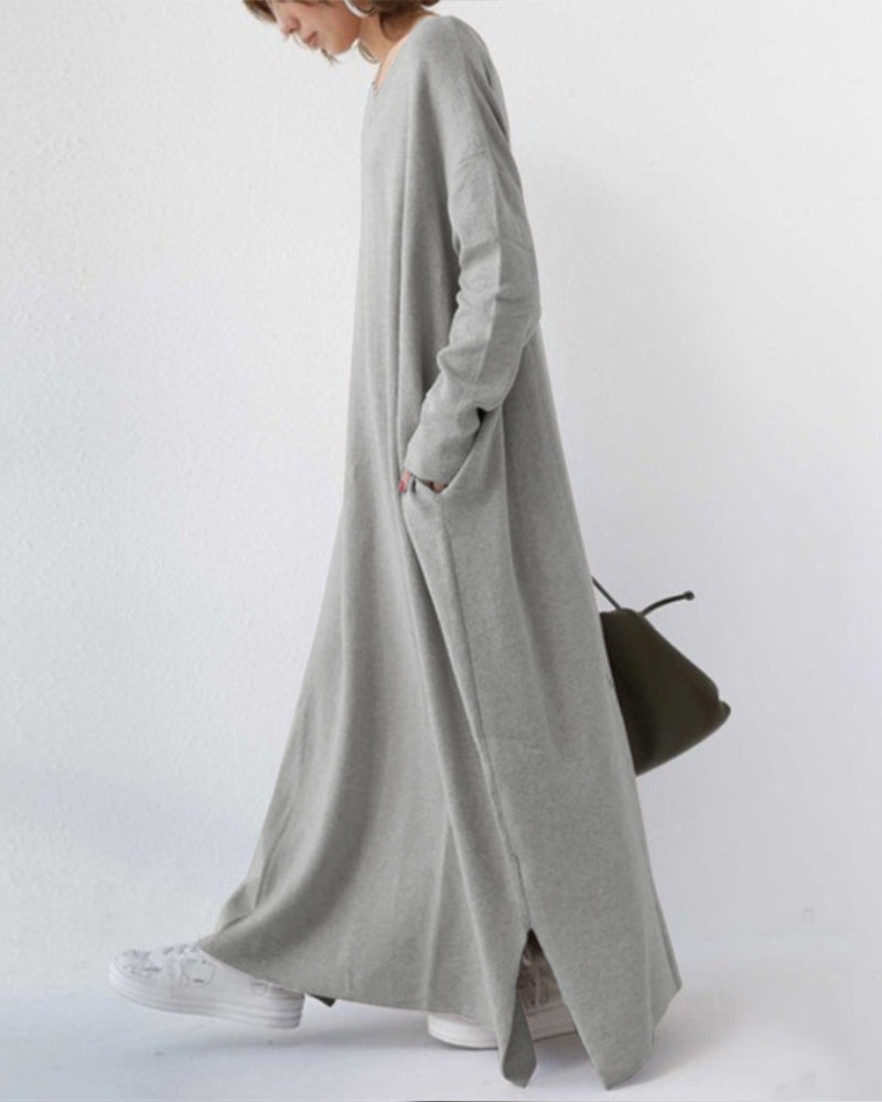 Luxuriously Elegant Long-Sleeve Wool-Blend Winter Maxi With Flowing Silhouette Dress