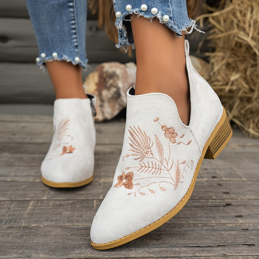 Isadora | Embroidered Low Heel Ankle Boots