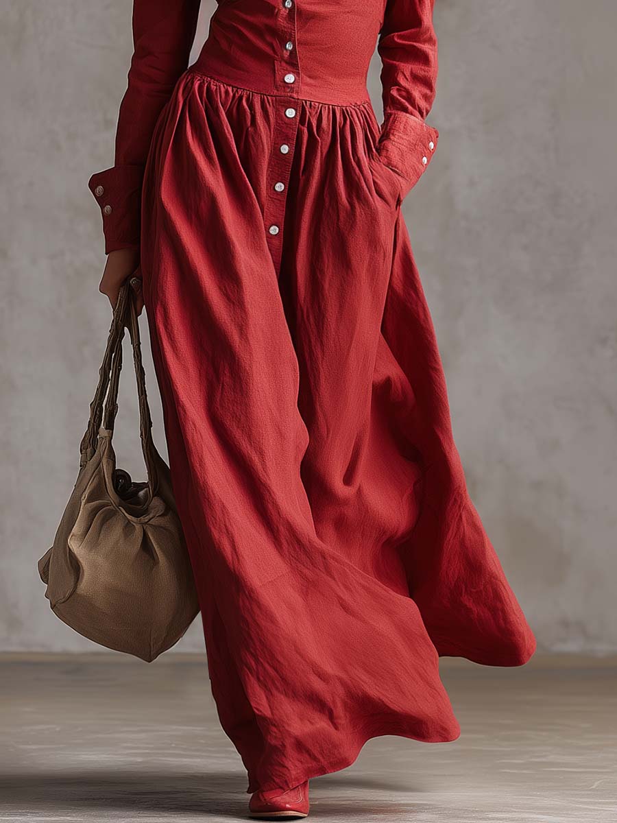UltraLuxurious Breathable Lapel Front Button Trench Coat CottonLinenBlend Maxi Dress