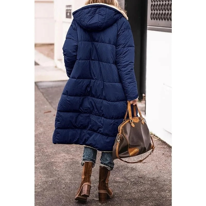 Stylish Long Down Jacket for Women with Sherpa Lining