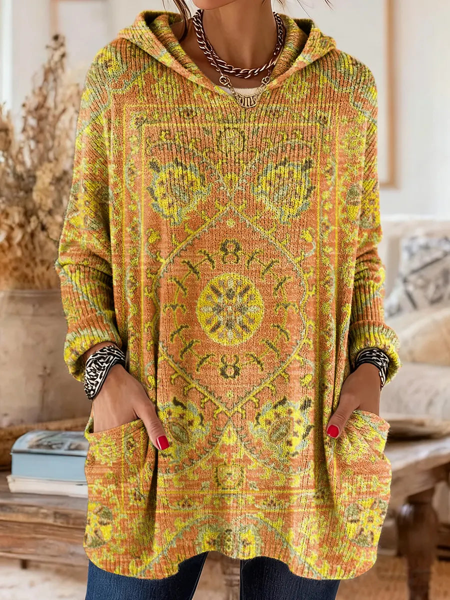 Vintage-inspired hoodie tunic with pockets and ethnic print