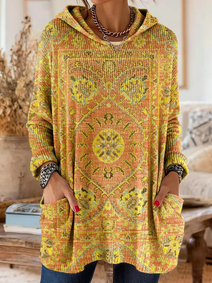Vintage-inspired hoodie tunic with pockets and ethnic print