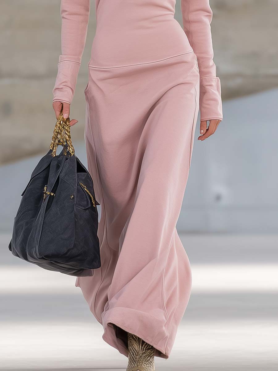 Women’s Pink Maxi Dress – Elegant V-Neck Front Zip Sporty Fabric Flattering Silhouette Dress