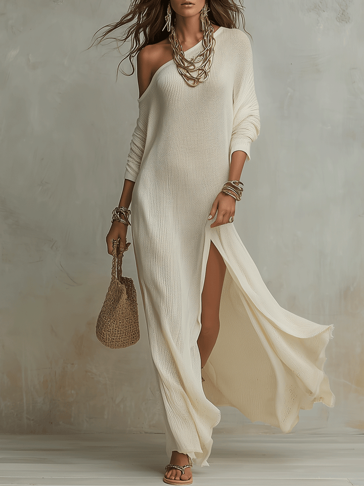 Women’s Ivory Knit Maxi Dress – Luxurious Off Shoulder Textured Drape Silhouette Dress