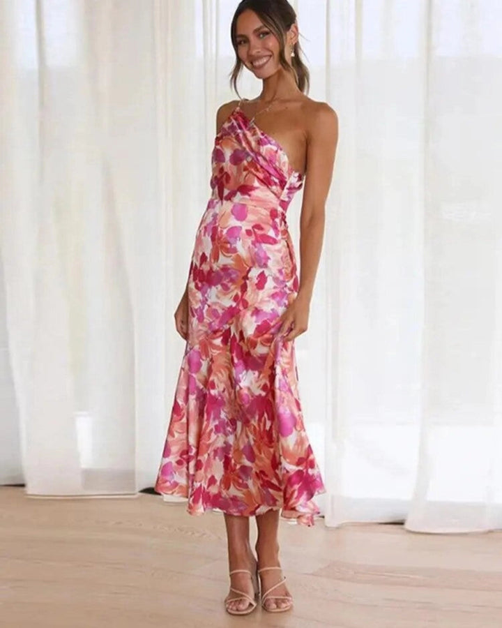 Luxurious Asymmetric Floral Print Satin With Featherweight Silhouette Midi Dress