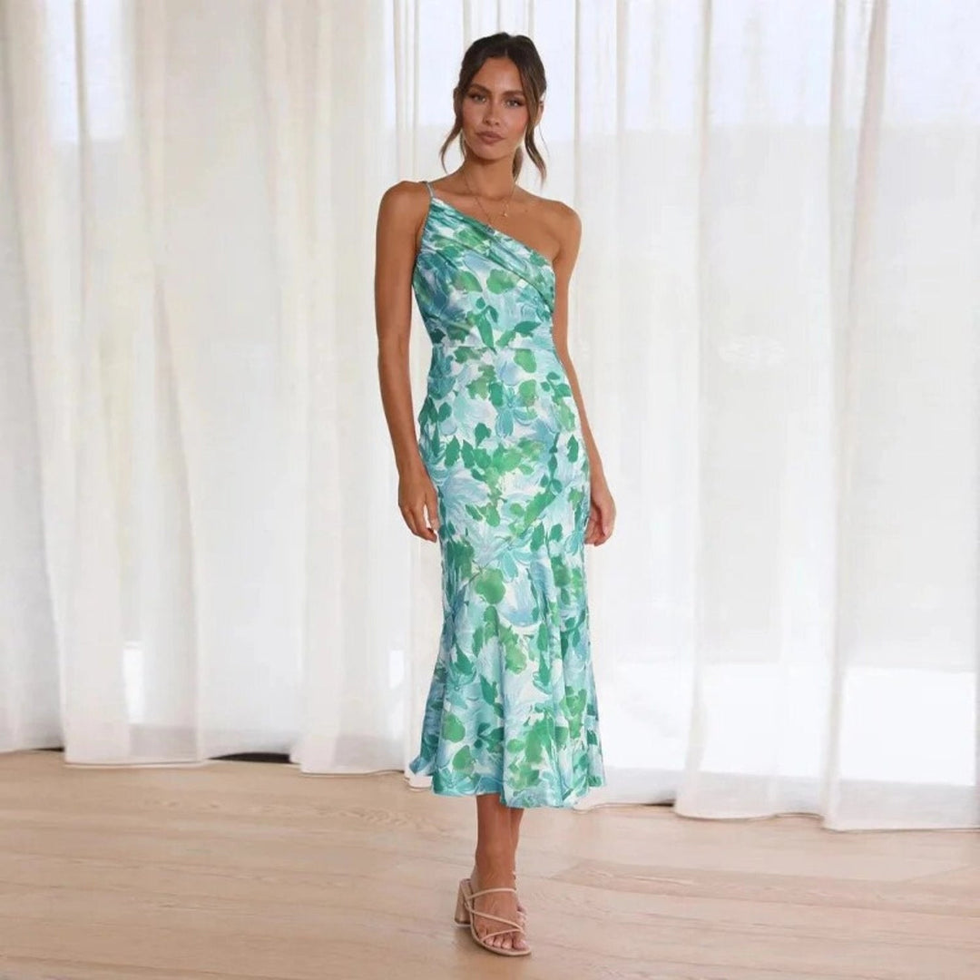 Glamorous One Shoulder Floral Pattern Exquisite Asymmetrical Detailing Maxi Dress