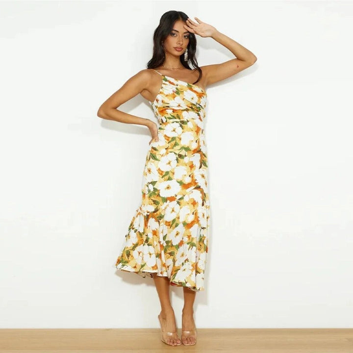 Glamorous One Shoulder Floral Pattern Exquisite Asymmetrical Detailing Maxi Dress