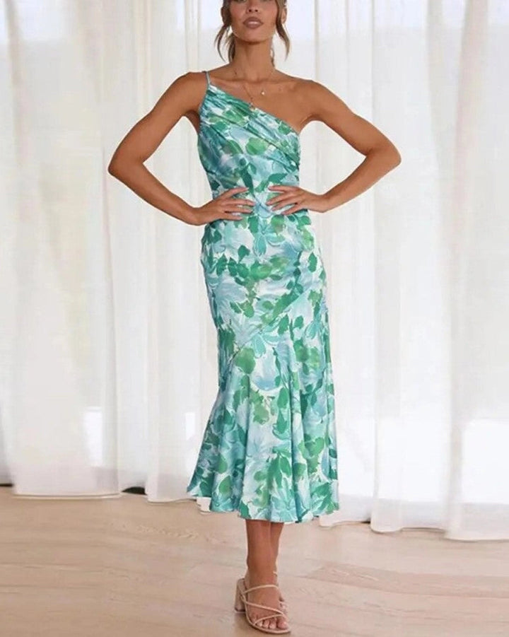 Glamorous One Shoulder Floral Pattern Exquisite Asymmetrical Detailing Maxi Dress