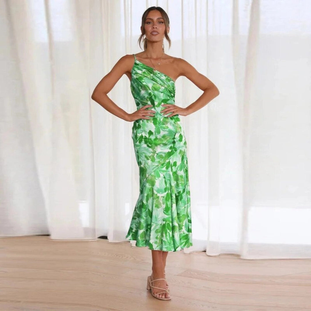 Luxurious Asymmetric Floral Print Satin With Featherweight Silhouette Midi Dress