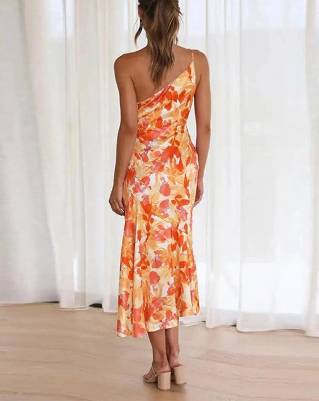 Glamorous One Shoulder Floral Pattern Exquisite Asymmetrical Detailing Maxi Dress