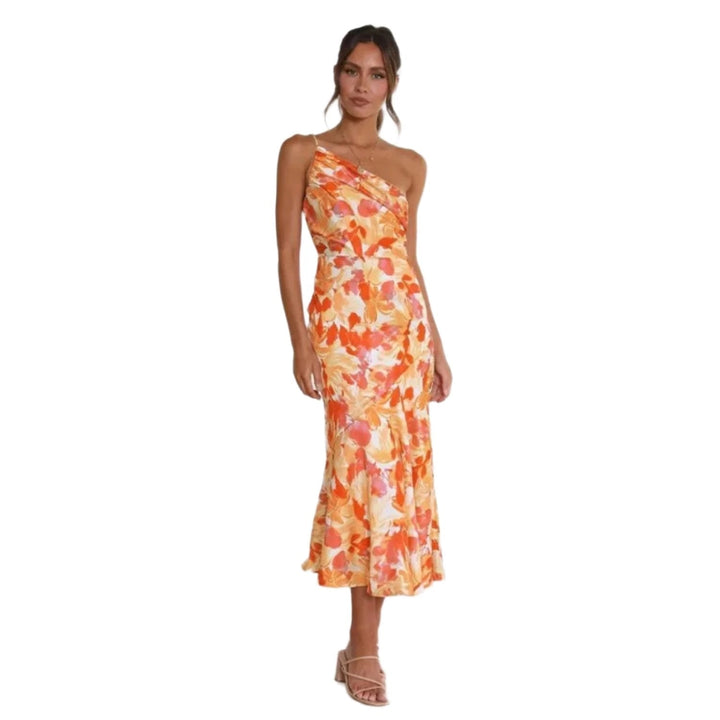 Luxurious Asymmetric Floral Print Satin With Featherweight Silhouette Midi Dress