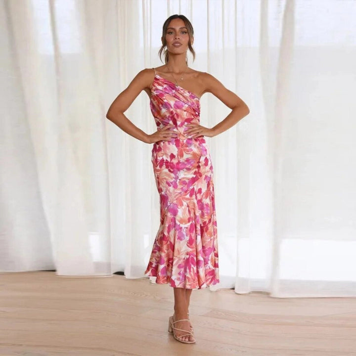 Luxurious Asymmetric Floral Print Satin With Featherweight Silhouette Midi Dress