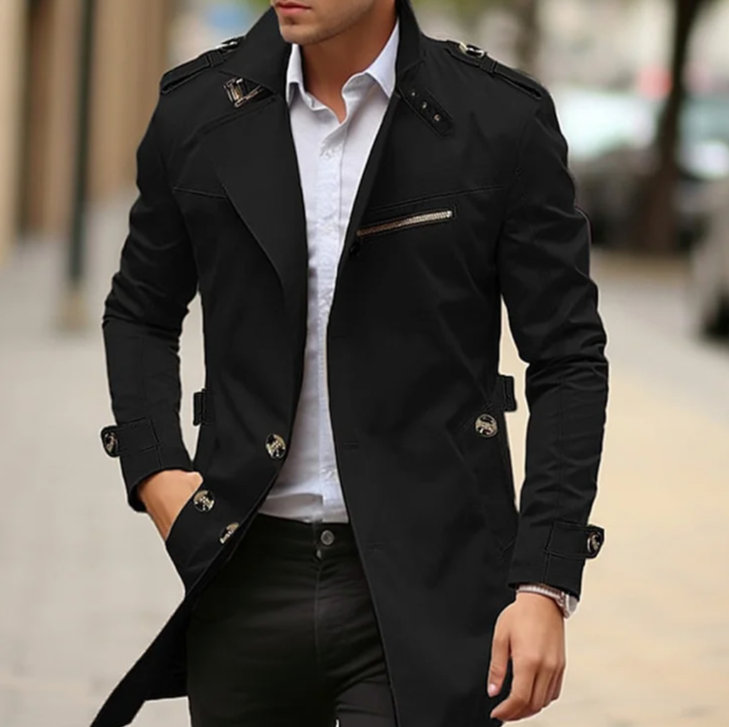 Men's Double-Breasted Long Casual Trench Coat