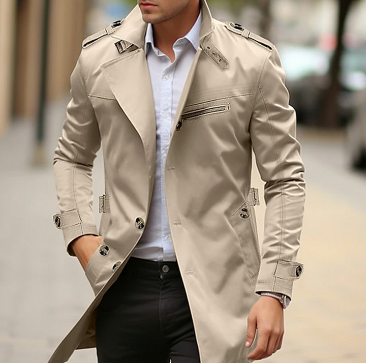 Men's Double-Breasted Long Casual Trench Coat