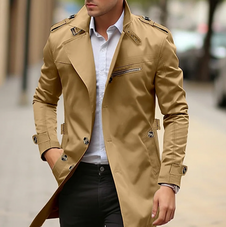 Men's Double-Breasted Long Casual Trench Coat