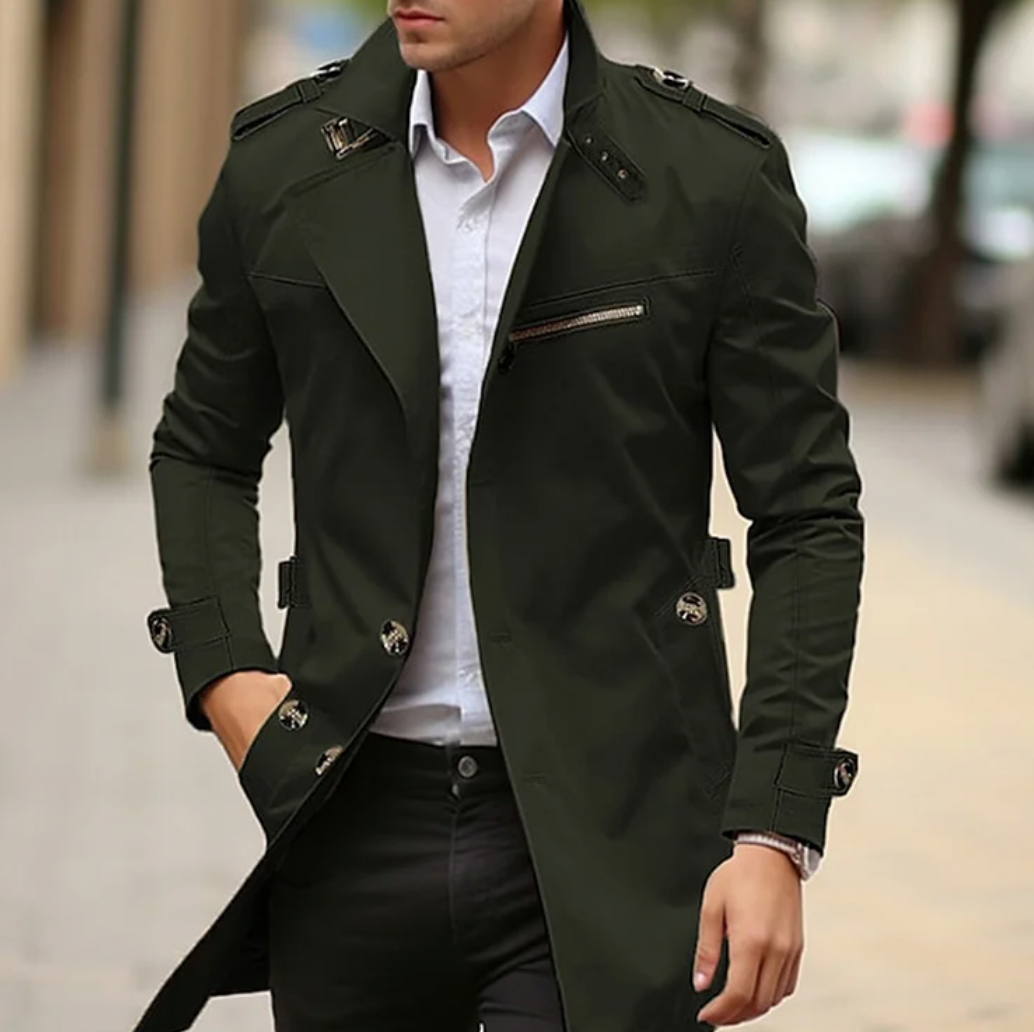 Men's Double-Breasted Long Casual Trench Coat