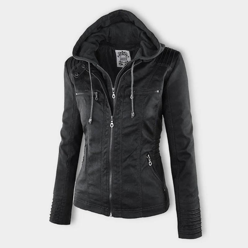 Ladies Hooded Faux Leather Moto Jacket