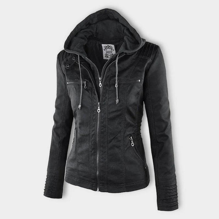 Ladies Hooded Faux Leather Moto Jacket