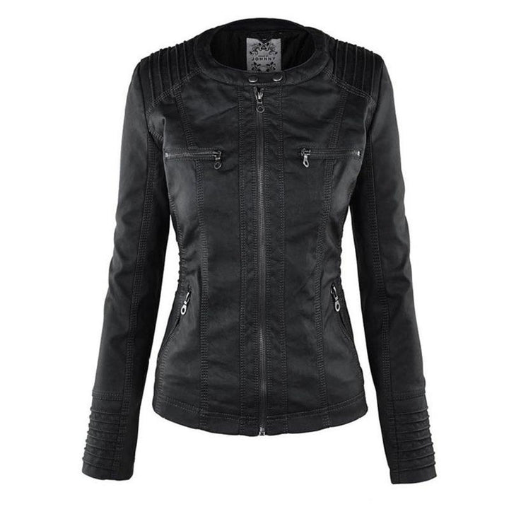 Ladies Hooded Faux Leather Moto Jacket