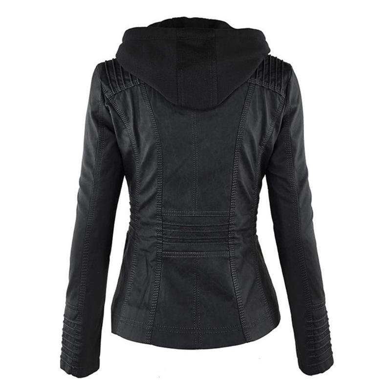 Ladies Hooded Faux Leather Moto Jacket