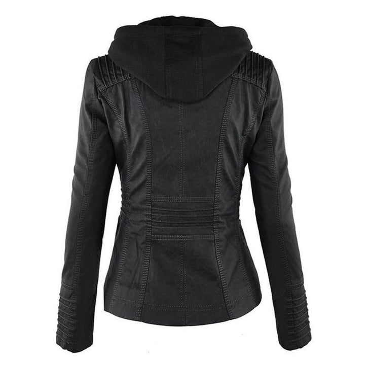 Ladies Hooded Faux Leather Moto Jacket