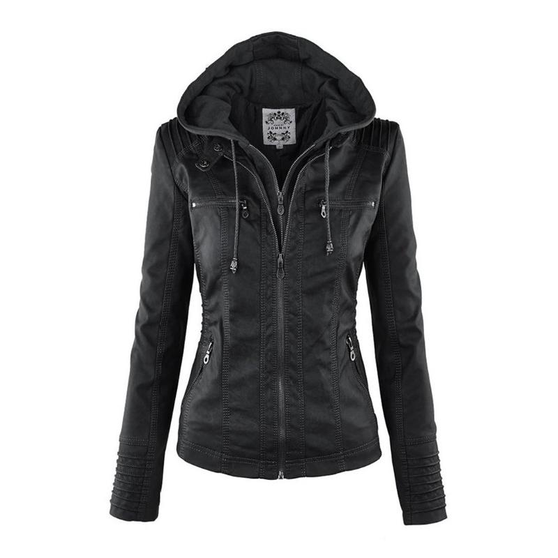 Ladies Hooded Faux Leather Moto Jacket