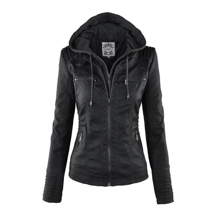 Ladies Hooded Faux Leather Moto Jacket