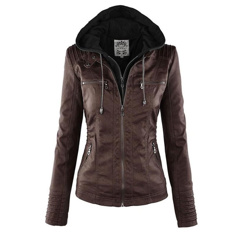 Ladies Hooded Faux Leather Moto Jacket