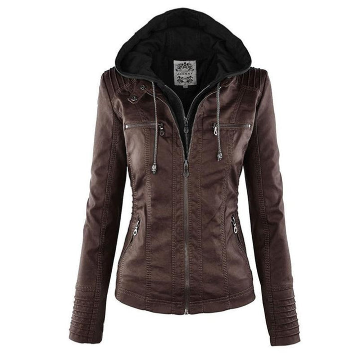 Ladies Hooded Faux Leather Moto Jacket