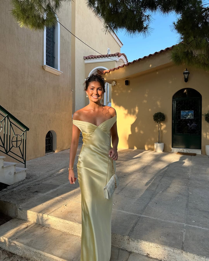 Luxuriously Glamorous Off Shoulder Satin Sculpted Bodice Cascading Draping Dress