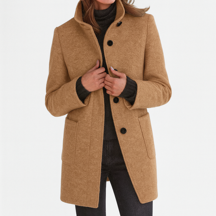 Ladies Long Coat with Buttons and Stand-Up Collar