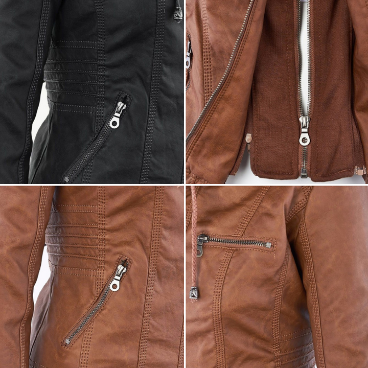 Ladies Hooded Faux Leather Moto Jacket