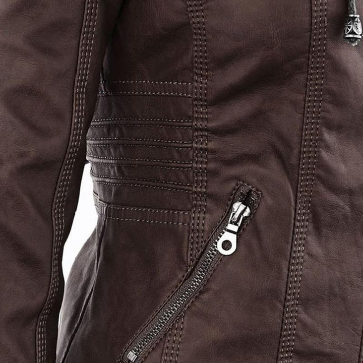 Ladies Hooded Faux Leather Moto Jacket