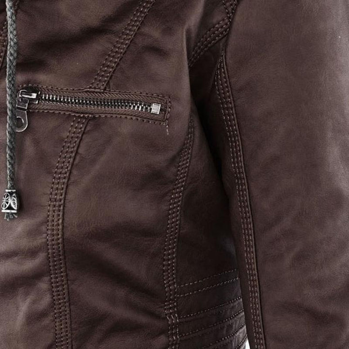 Ladies Hooded Faux Leather Moto Jacket