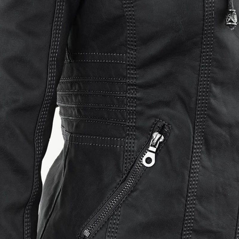 Ladies Hooded Faux Leather Moto Jacket