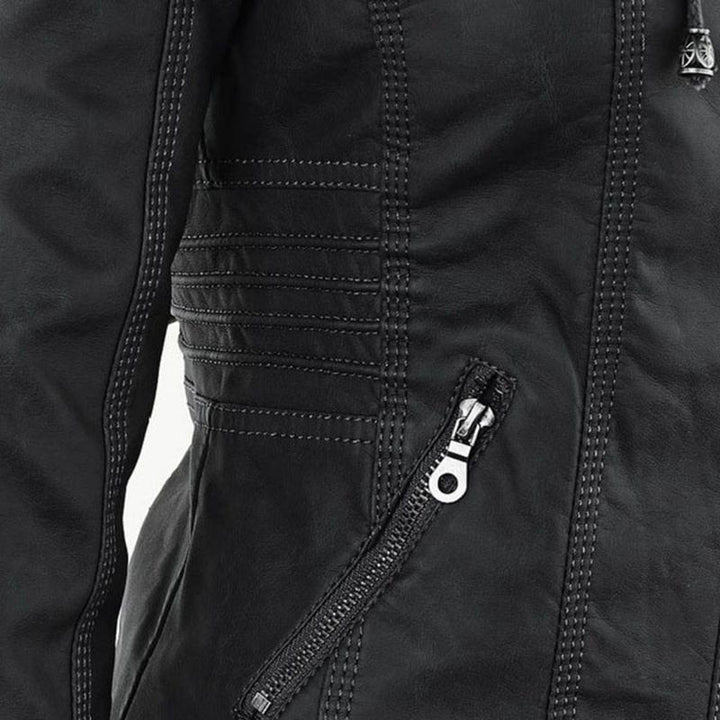 Ladies Hooded Faux Leather Moto Jacket