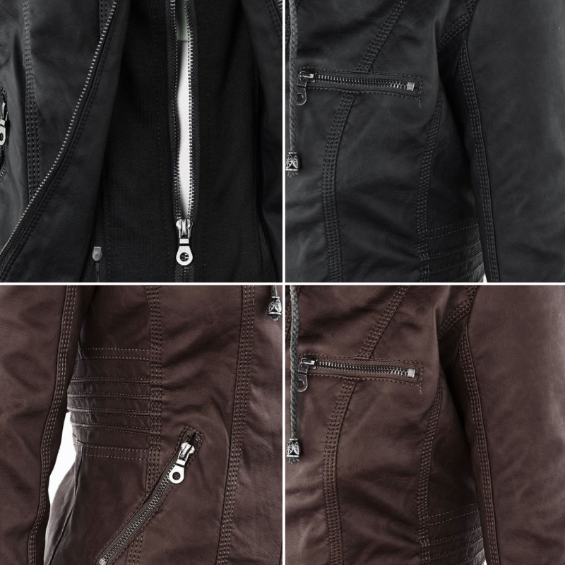 Ladies Hooded Faux Leather Moto Jacket