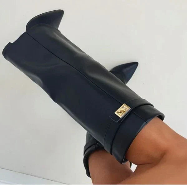 Women's Knee-High Boots with Gold Buckle