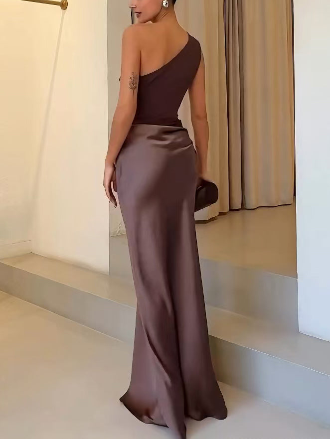 Exquisite One Shoulder Pleated Georgette Velvet Showstopper Silhouette Maxi Dress