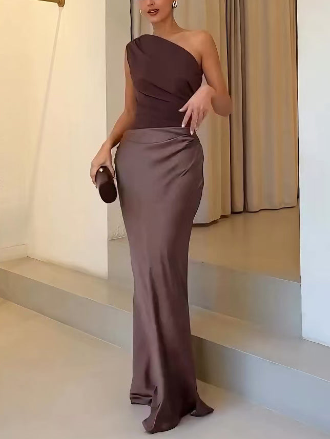 Exquisite One Shoulder Pleated Georgette Velvet Showstopper Silhouette Maxi Dress