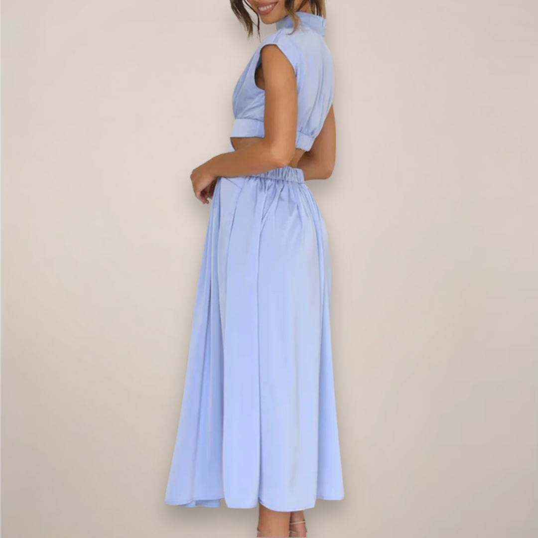 Women’s Crepe Georgette Maxi Dress – Sophisticated Turtleneck Cap Sleeve Cutout Waist Dress