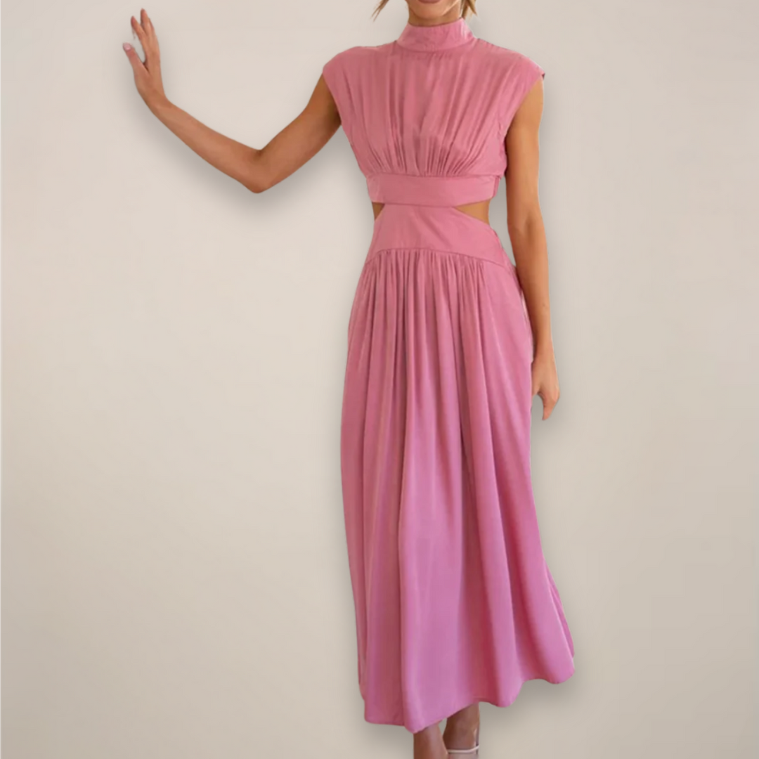 Women’s Crepe Georgette Maxi Dress – Sophisticated Turtleneck Cap Sleeve Cutout Waist Dress