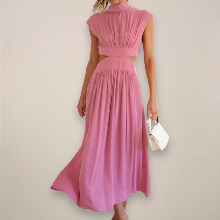 Women’s Crepe Georgette Maxi Dress – Sophisticated Turtleneck Cap Sleeve Cutout Waist Dress