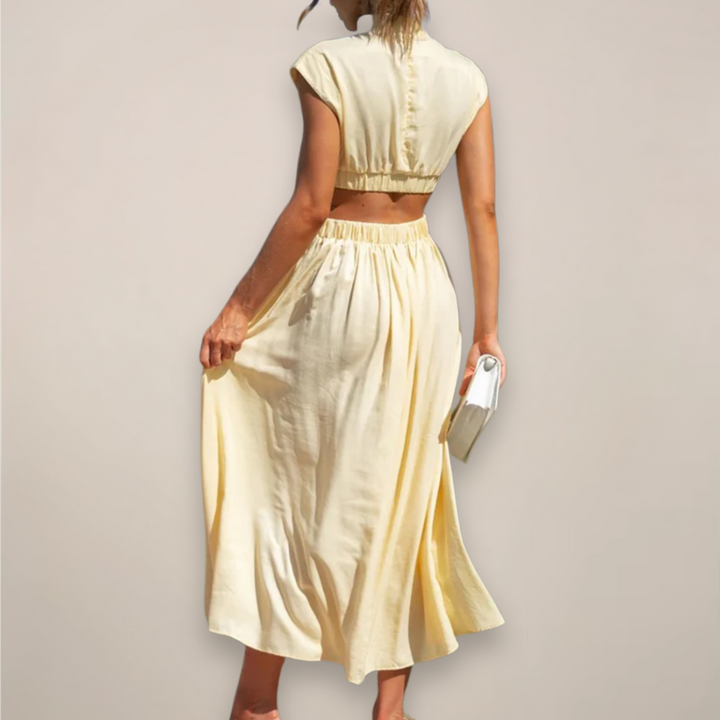 Women’s Crepe Georgette Maxi Dress – Sophisticated Turtleneck Cap Sleeve Cutout Waist Dress