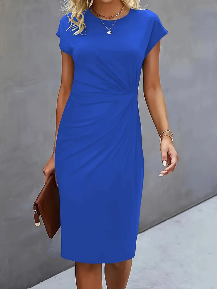 Women’s Crepe Midi Dress – Luxurious Twist Ruched Sculpted Waist Cap Sleeve Dress