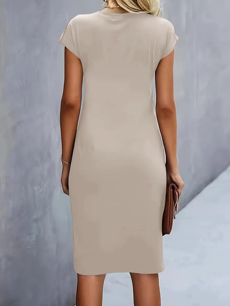 Women’s Crepe Midi Dress – Luxurious Twist Ruched Sculpted Waist Cap Sleeve Dress