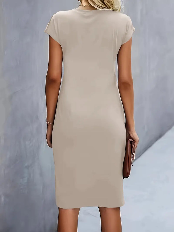 Women’s Crepe Midi Dress – Luxurious Twist Ruched Sculpted Waist Cap Sleeve Dress