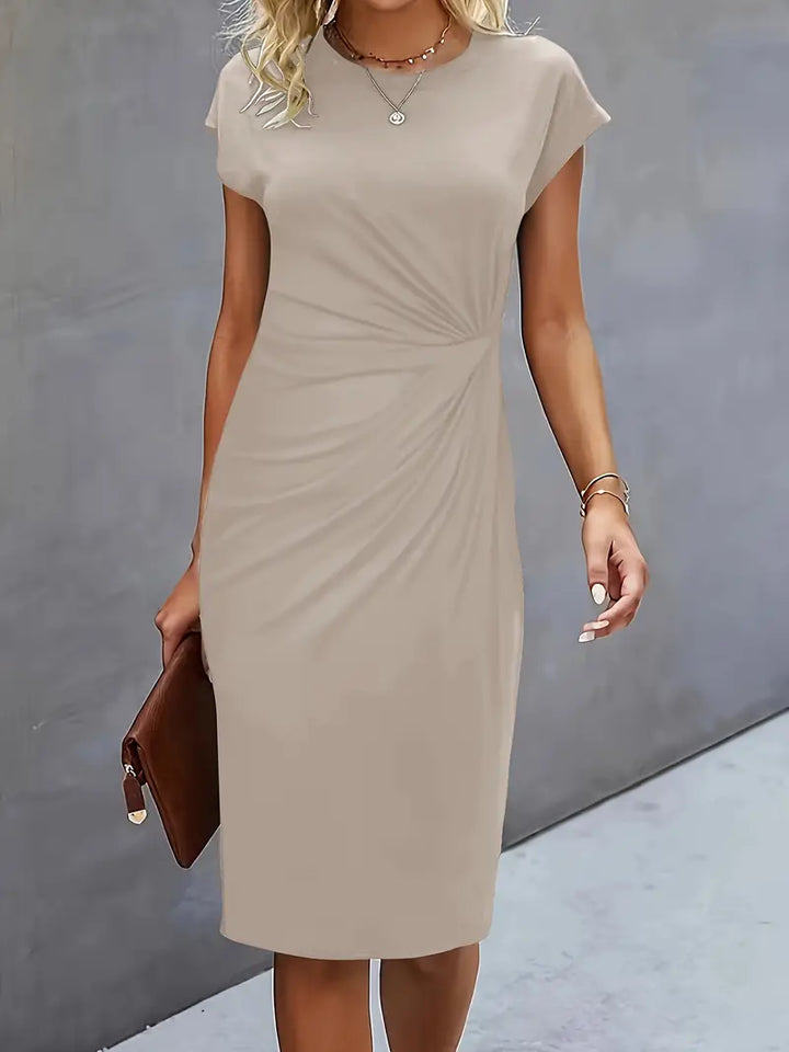 Women’s Crepe Midi Dress – Luxurious Twist Ruched Sculpted Waist Cap Sleeve Dress